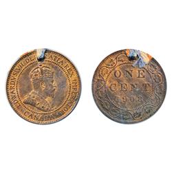 1908 Canadian Large Cent.  Souvenir of the opening of the Ottawa Mint.  Pierced at top, with a red, 