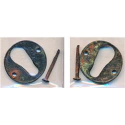 A small antique Victorian 'key hole' plate made from a Nova Scotia. 1/2 Penny token dated 1856.  Bre