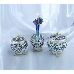 Sterling Silver Flower Pot with Colorful Decorations and 2 Matching Urns 45 T Oz (1400 Grams ) Appro