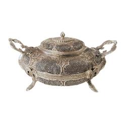 Filigree Round Pot with Handles and stand shape Jewelry Box - Hand Made Sterling Silver Round shape