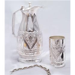 Water Pitcher with 6 Tumblers Sterling Silver Exclusive -with Hand Made Heavily Decorated  weighs 64