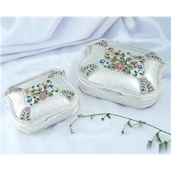 Set of 2 Jewelry Box Multicolor Flower Enamel on Sterling Silver Exclusive - Hand Made Heavily Decor