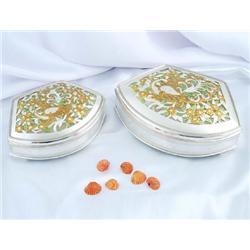 Set of 2 Jewelry Box Multicolor Flower Enamel on Sterling Silver Exclusive - Hand Made Heavily Decor