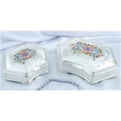 Set of 2 Jewelry Box Multicolor Flower Enamel on Sterling Silver Exclusive - Hand Made Heavily Decor