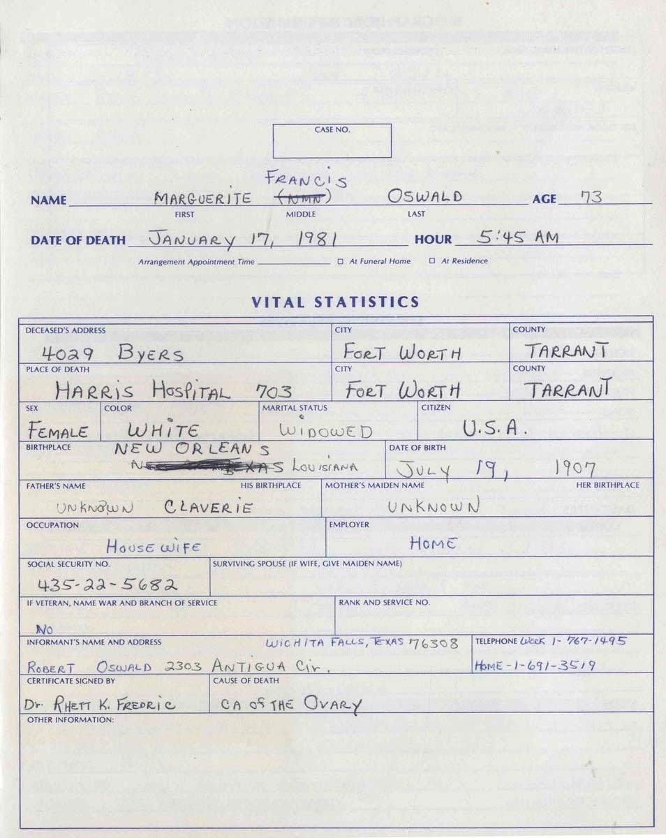 Marguerite Oswald Funeral Record