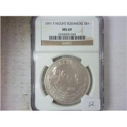 1991-P MT. RUSHMORE SILVER DOLLAR NGC MS69