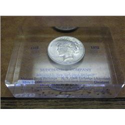UNC 1922 PEACE SILVER DOLLAR IN LUCITE PAPARWEIGHT