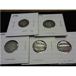 1906, 07, 08, 09 & 10 BARBER DIMES 5 COINS