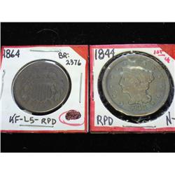 1864 TWO CENT PIECE & 1844 US LARGE CENT