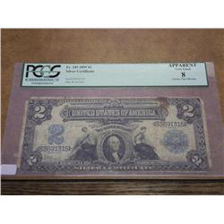 1899 US $2 SILVER CERTIFICATE PCGS (VERY GOOD 8)