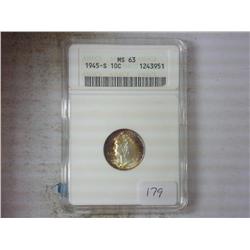1945-S MERCURY DIME ANACS MS63 TONED