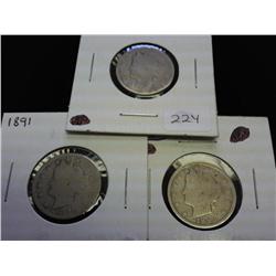 3 BETTER DATE LIBERTY "V" NICKELS 1890, 91 & 93
