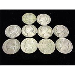 10 ASSORTED 40% SILVER JEFFERSON WAR NICKELS