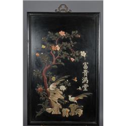 Massive Chinese Hardstone Inlaid Wood Plaque