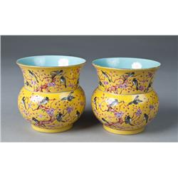 Pr. Of Chinese Famille Rose Cuspidor Shape Vases