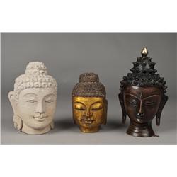 (3) Chinese Bronze And Stone Buddha's Heads