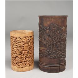 (2) Chinese Carved Wood & Bamboo Brushpots