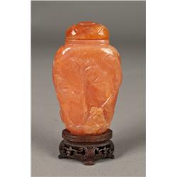 Fine Chinese Carved Agate Snuff Bottle On Stand