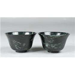 Pr. Chinese Carved Spinach Jade Bowls