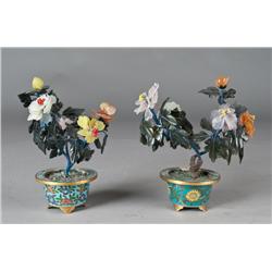 Pr. Chinese Jade Trees In Cloisonne Vases
