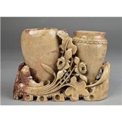 Chinese Carved Soapstone Double Vase Grouping