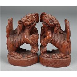 Pr. Of Chinese Carved Wood Foo Dogs