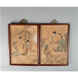 Pr. Of Chinese Watercolor Paintings on Silk on Board