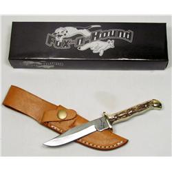 FOX N HOUND HUNTING KNIFE W/ DAMACUS BLADE, STAG H