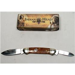INDIAN HEAD CANOE FOLDING KNIFE W/ BROWN BONE HAND