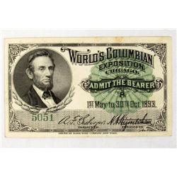 1893 CHICAGO WORLD'S COLOMBIAN EXPOSITION TICKET W