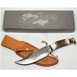 FOX N HOUND DAMASCUS HUNTING KNIFE W/ STAG HANDLE