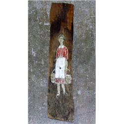 VINTAGE FOLK ART PAINTING OF MILK MAID ON WOOD - A