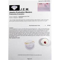 3 CT RUBY GEMSTONE W/ JEM APPRAISAL OF $2,070.00