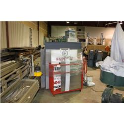 2 RED METAL STORAGE RACKS & CONTENTS