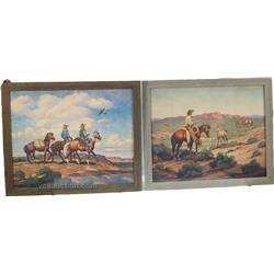 Lot Of 2 Western Cowboy Day's Prints In Wood Frames