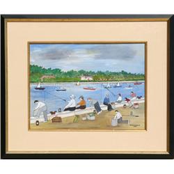 Vestie Davis, Coney Island Fisherman, Ink Drawing and Watercolor