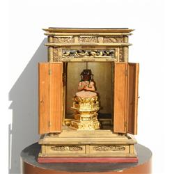 Japanese Buddha Travel Shrine, Painted Wooden Sculpture and Box