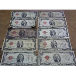 10 LOW GRADE 1928 $2 RED SEALS