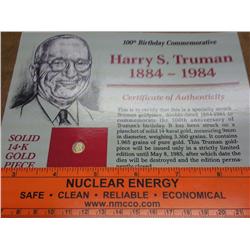 SOLID 14K GOLD TRUMAN MEDAL 1.965 GRAINS PURE GOLD