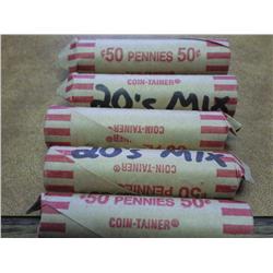 5 ROLLS OF ASSORTED 1920'S WHEAT CENTS