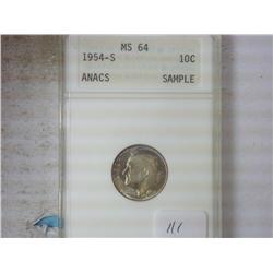 1954-S ROOSEVELT DIME ANACS MS64