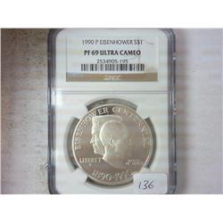1990-P EISENHOWER SILVER DOLLAR NGC PF69 ULTRA CAM