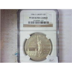 1986-S LIBERTY SILVER DOLLAR NGC PF68 ULTRA CAMEO