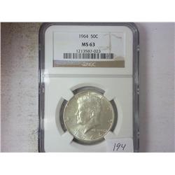 1964 KENNEDY HALF DOLLAR NGC MS63