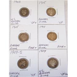 (6X $) Barber Dimes FINE+ to VF+ 1903,1909-S 1911,1915,1915