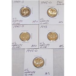 (5x$) MERCURY DIMES XF TO MINT STATE 1937-S,1943,(3) 1945-D FULL BANDS