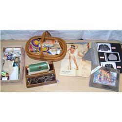 Multipiece Box Lot. Sewing/Embroidery Items, Old Photo Book,
