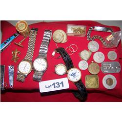 Aprox. 27 Piece Vinta Assorted lot Incl: (3) watches, coins, bracelet, cuff links, etc. AS SHOWN