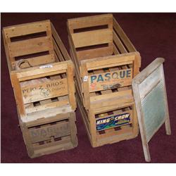 4 Antique Wood Fruit Shipping Crates. with an Antique Washboard.