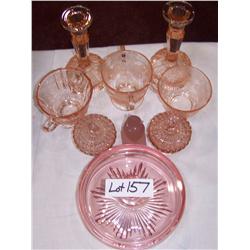 (9) Piece Depression Glass Lot, Candle Sticks, Candy Dish &ETC. As Shown